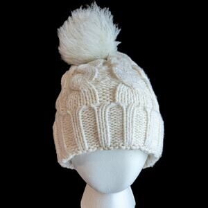 Women's Gertex White & Gold Knit Hat with Faux Fur Pom Pom